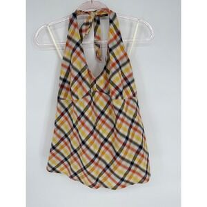 Old Navy Plaid Halter Top Sleeveless Tie Neck Orange Yellow Women's Blouse Sz XL